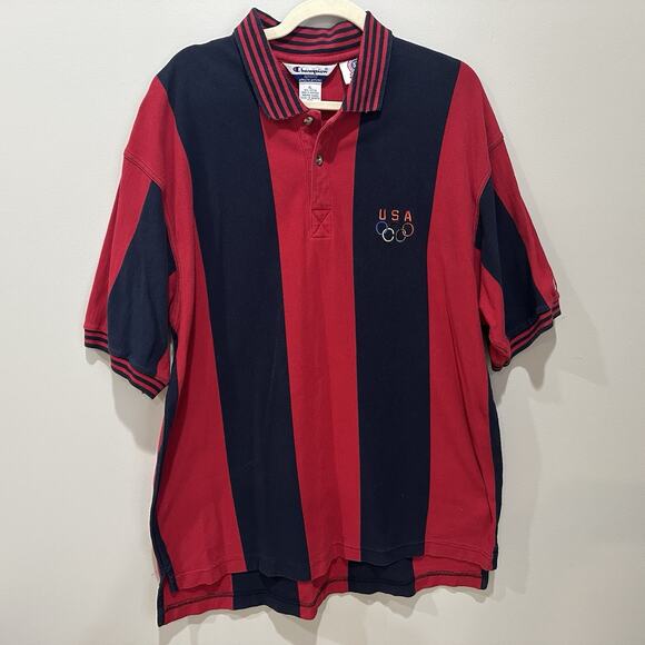 Vintage Champion Olympics Polo Shirt Mens Extra Large Red Striped USA 90s Y2K - Picture 1 of 6